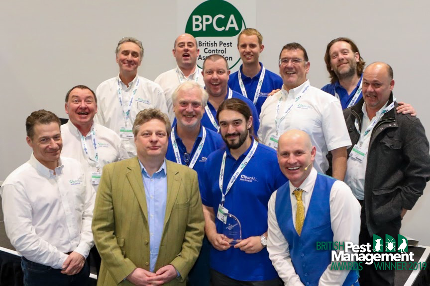 Cleankill win company of the year award The Cleankilll team with Henry Mott, a member of the BPMA’s judging panel (front row second left, green jacket) and event host, TV wildlife presenter Mike Dilger (front row, right).